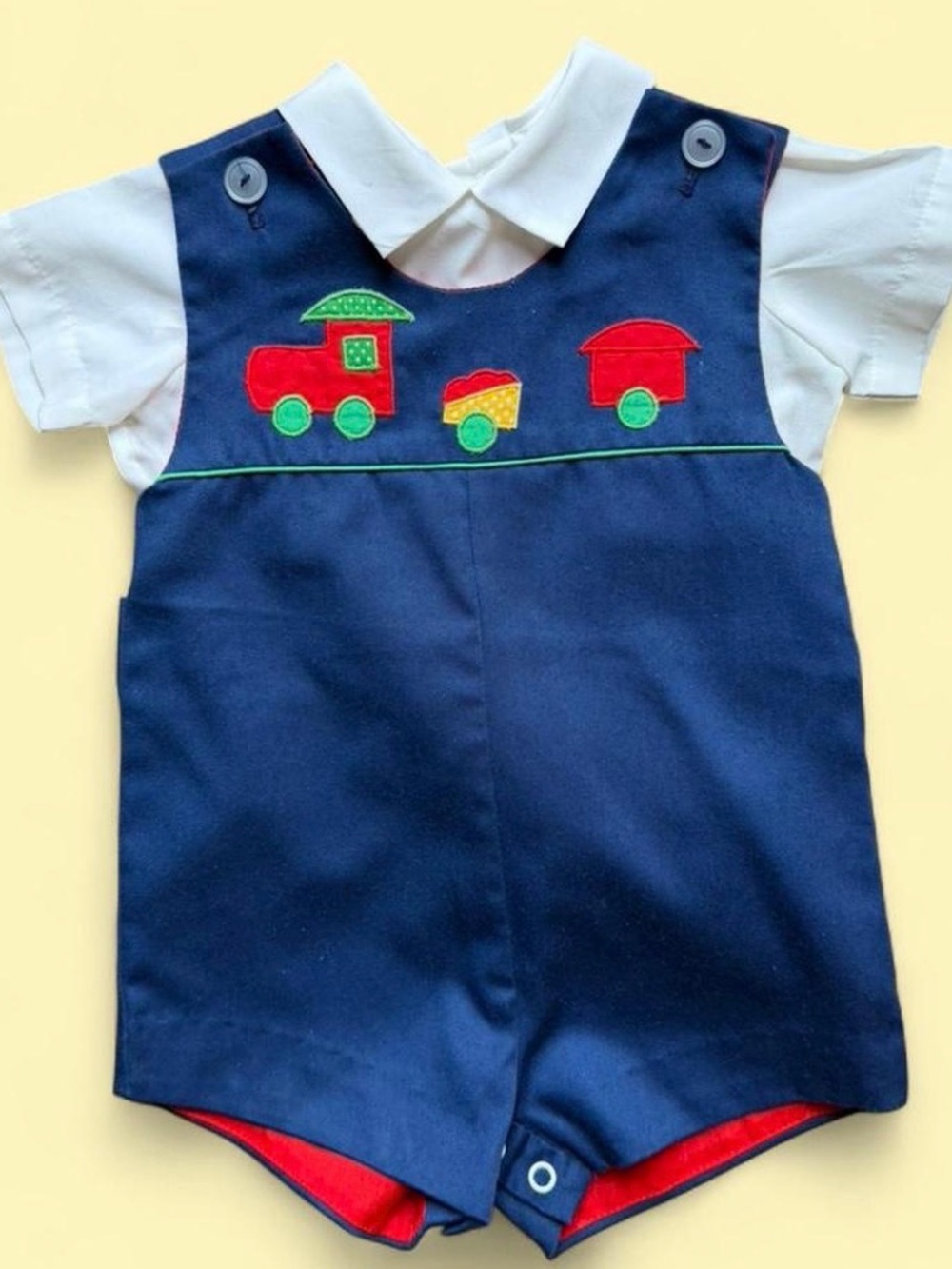 Vintage Baby Togs navy blue train romper 12 months embroidered